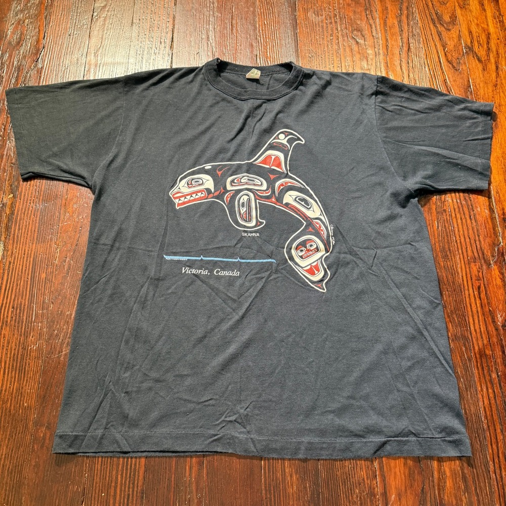 Vintage Victoria Canada Shirt Mens XL Black Haida Orca Graphic Single Stitch 90s